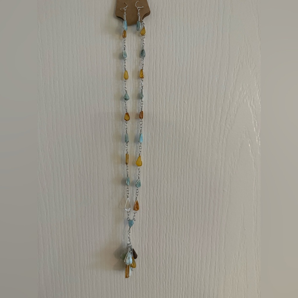 Larimar and Amber Teardrop Necklace and Earrings